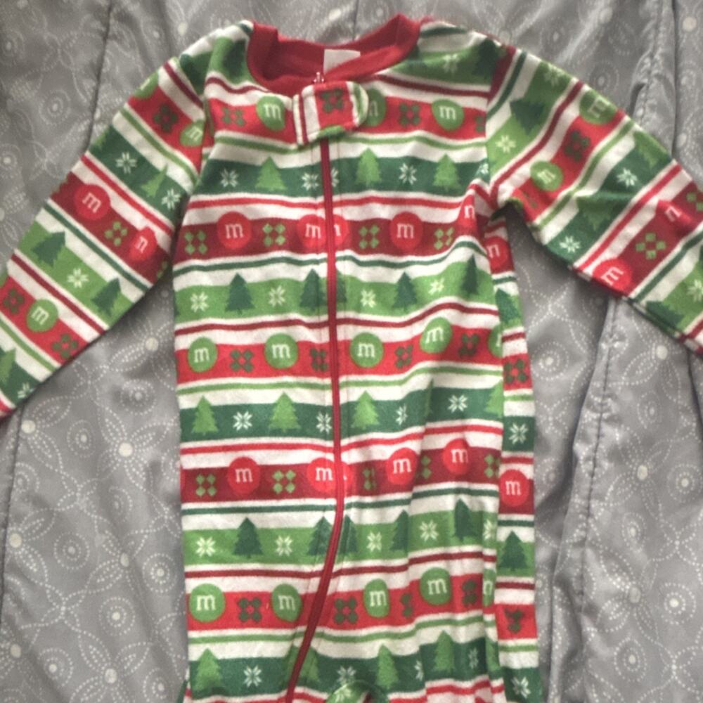 M&M's‎ Christmas Striped Fleece Sleeper One Piece Pajamas 2T Red Green White
